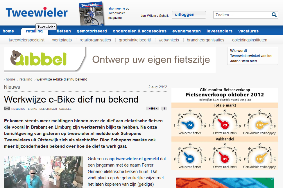 De artikelen over de beruchte e-bike dief leidden uiteindelijk mede tot zijn aanhouding. 