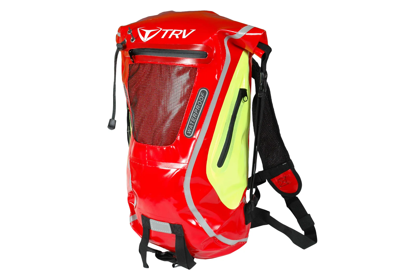 De TRV rugtas in 3.3 uitvoering in rood/geel fluorescerend met reflecterende accenten.