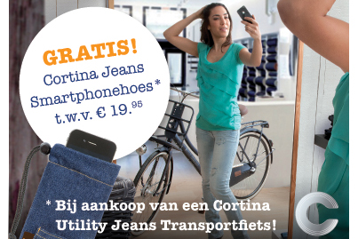 Bij aankoop van deze stoere transportfiets ontvangt de consument een handige en leuke jeans smartphonehoes.