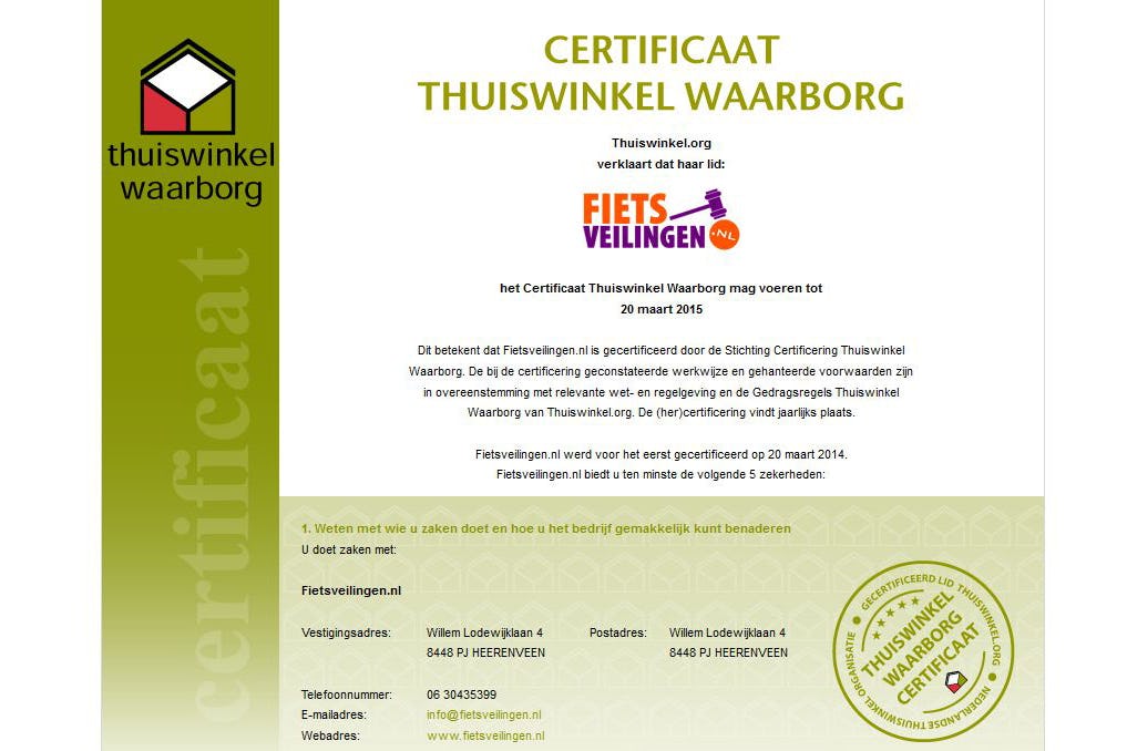 Fietsveilingen.nl garandeert onder meer een veilige betaalomgeving en een onafhankelijke klachtenbemiddeling.