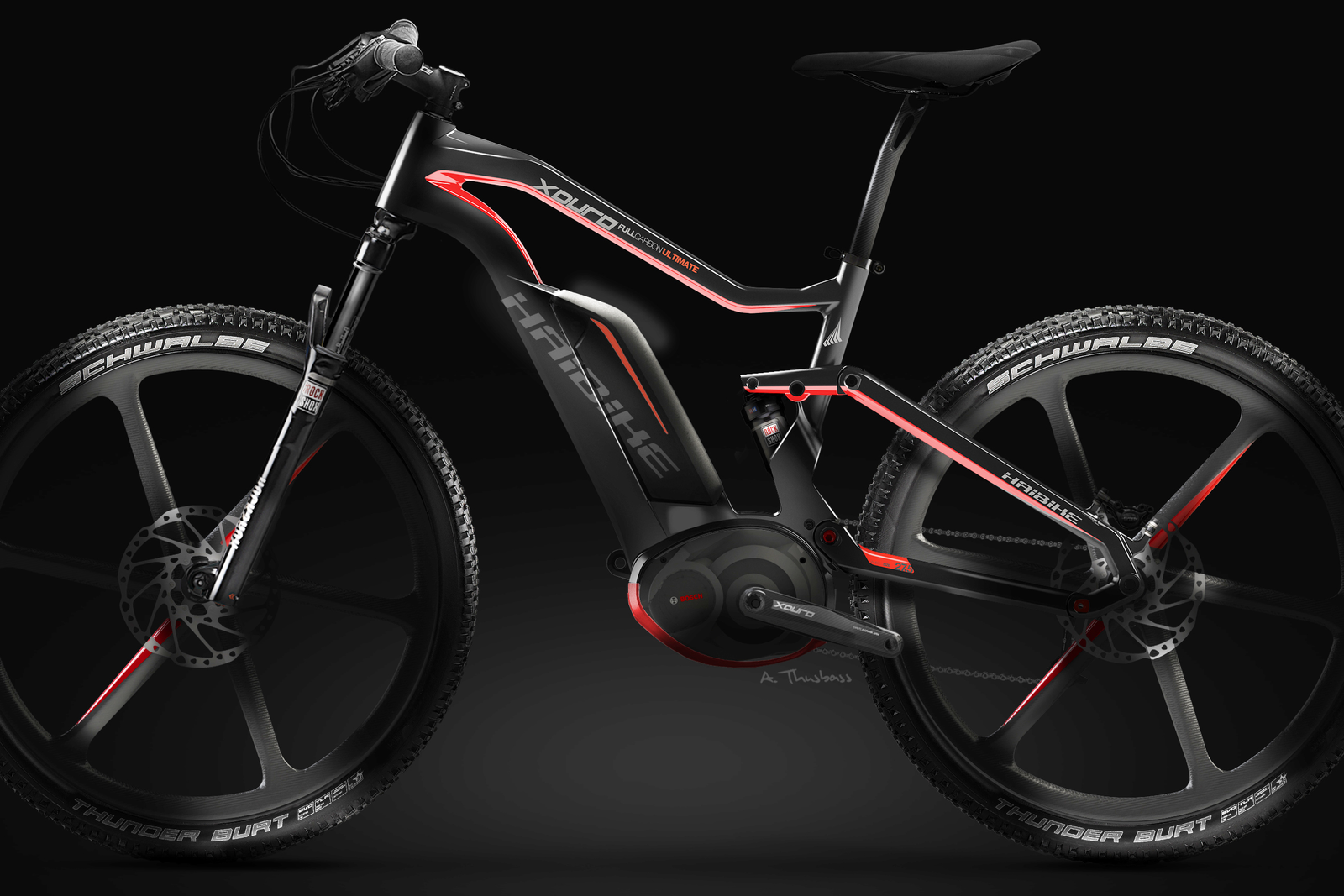 ’s-Werelds eerste, volgeveerde en compleet in carbon uitgevoerde e-MTB met mid-motor van Haibike is te zien op de komende Eurobike show. Foto Haibike