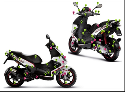 Wanneer de bezoeker bij scooteronderdelenlijn.nl op een afbeelding klikt, verschijnt er een foto van het voertuig met markers. Elke marker staat voor een artikel of onderdeel.