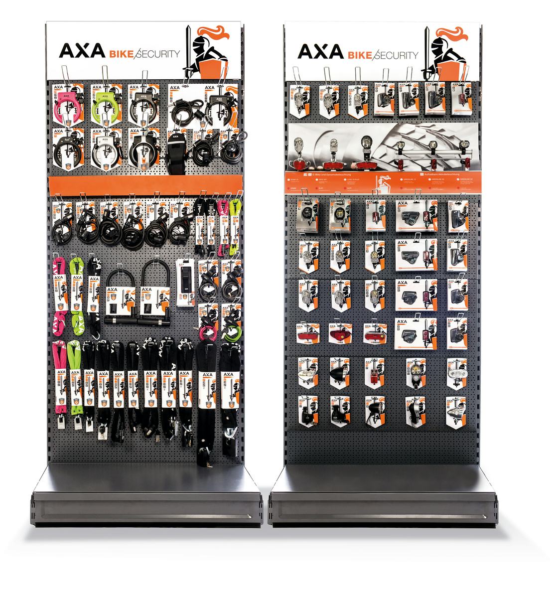 AXA biedt acht verschillende schappen voor ieder type winkel, die volledig kunnen worden ingericht met sloten of verlichting, maar er zijn ook combinaties van deze twee in een schap mogelijk.