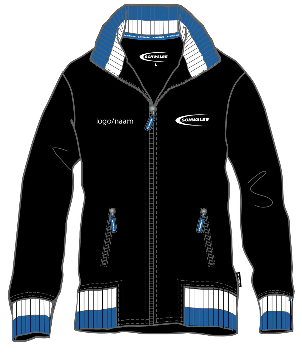 De dealerkledingcollectie van Schwalbe bestaat uit een T-shirt, polo shirt, longsleeve en Zipper jacket, die voorzien zijn van het Schwalbe logo tegen een zwarte achtergrond aan de linkerkant.