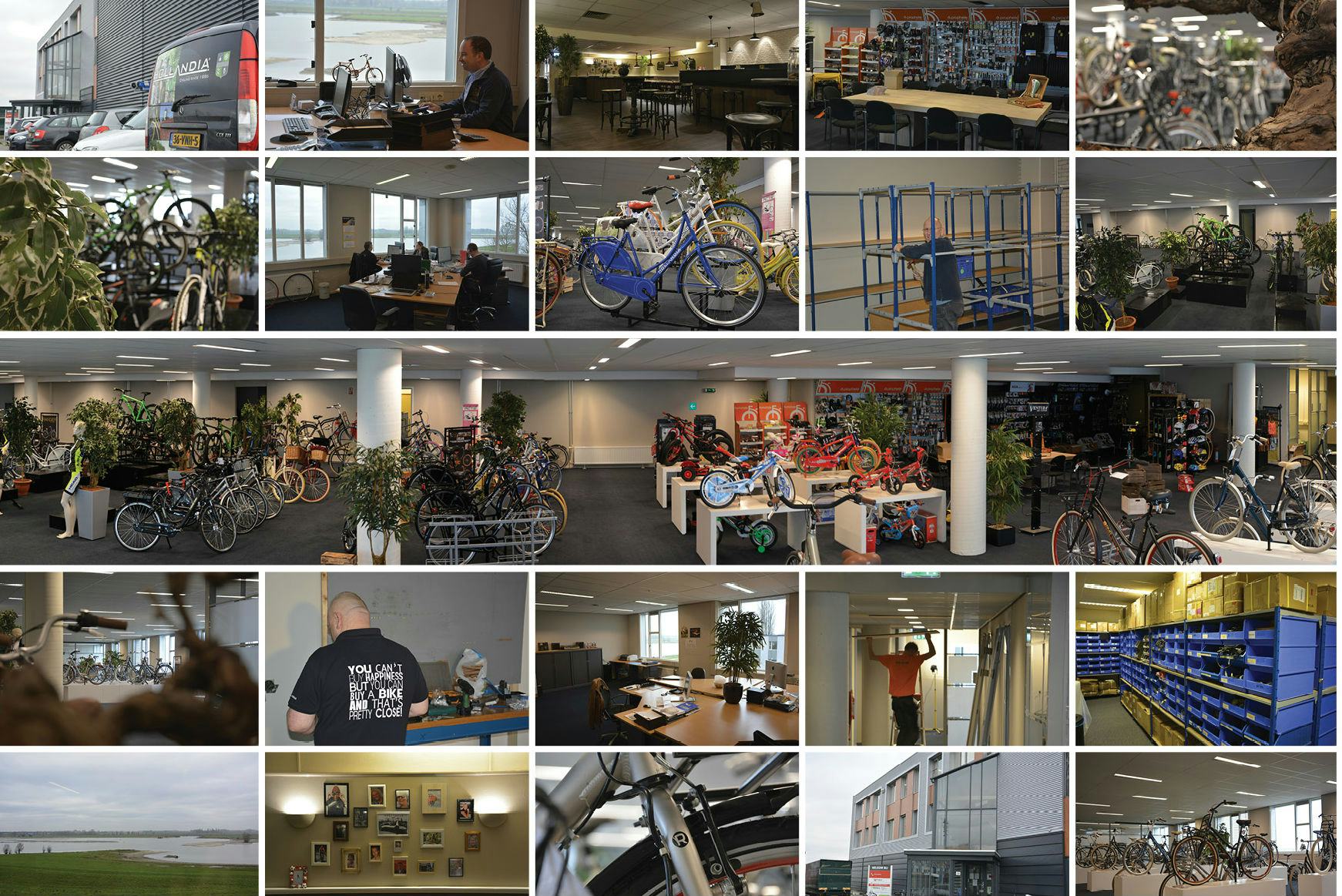 Een collage van de fabriek en showroom van BIG Bicycles. Foto BIG Bicycles