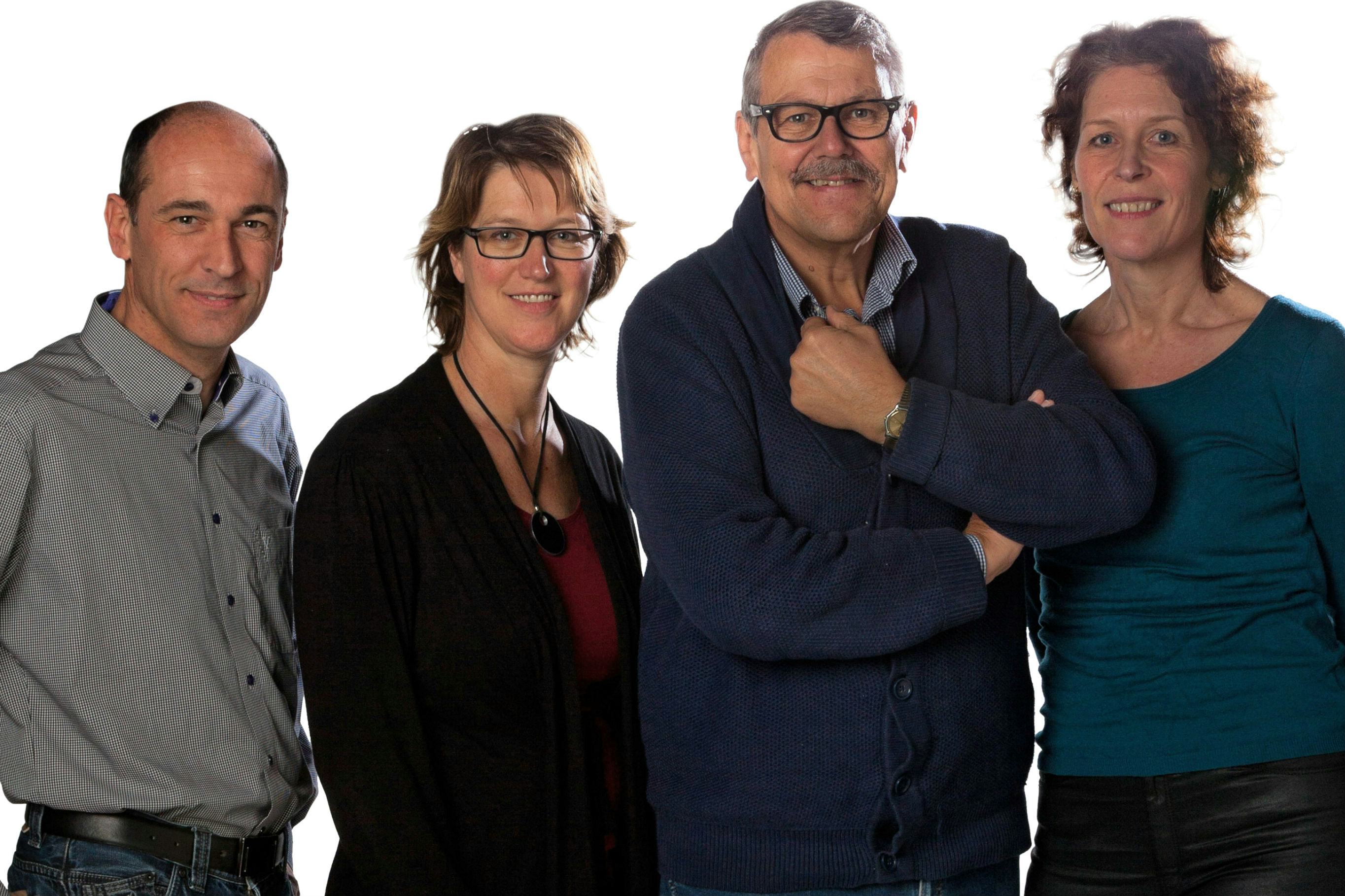 De voltallige redactie van Tweewieler - Bike Europe (vlnr): Jan-Willem van Schaik, Hedwig Berendsen-Hooman, Jack Oortwijn, Annemarie Visser. Foto Jan-Willem Schouten