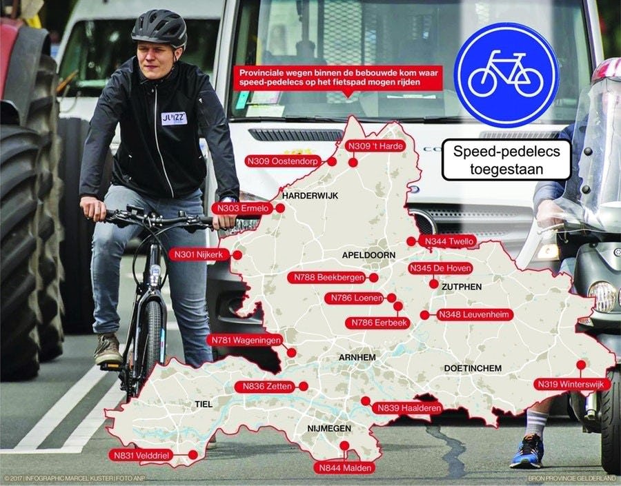De provincie Gelderland is als eerste met een speciaal verkeersbord gestart voor fietspaden waar de speed pedelec is toegestaan. Foto en infographic ANP, Marcel Kuster