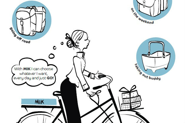 Onder de MIK-accessoires zit een adapter plate. Die klikt de fietser in de MIK-extrusieprofielen. Hierdoor kunnen spullen stabiel vervoerd worden en kan de fietser zeer snel accessoires wisselen. Foto MIK