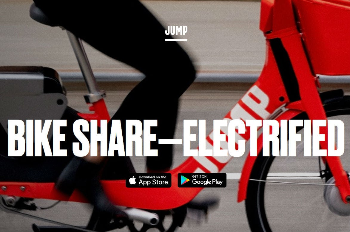 Uber heeft met de aankoop van Jump Bikes de eerste stap gezet in de ‘deel-e-bikes’. Beeld Jump Bikes