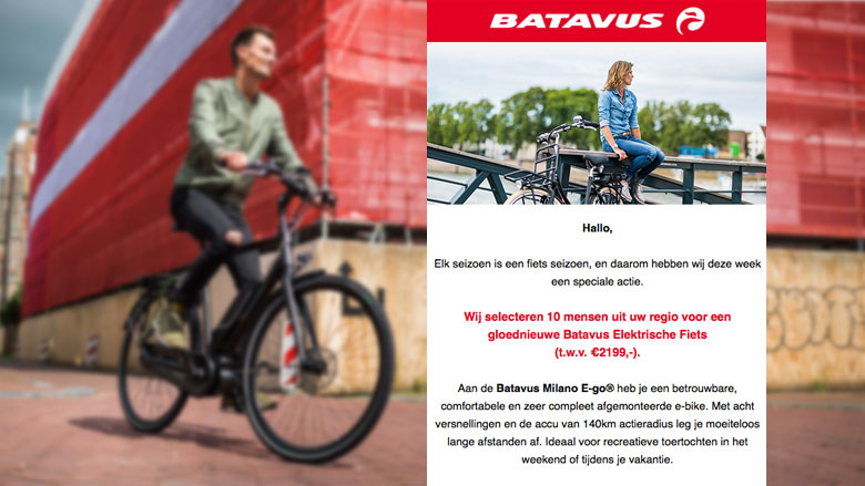 Een phishingmail maakt momenteel gebruik van de merknaam Batavus (@batavus.nl of @batavus.com). Beeld Radar.avrotros.nl