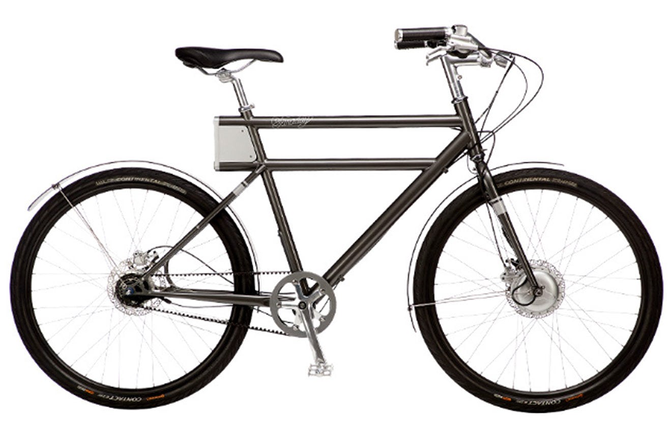 Elke Faraday Porteur heeft een Bafang naafmotor in het voorwiel en een accu in de onderbuis.