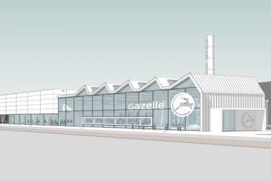 Een artist impression van het nieuwe Experience Center dat Gazelle naast haar fabriek in Dieren gaat bouwen.
