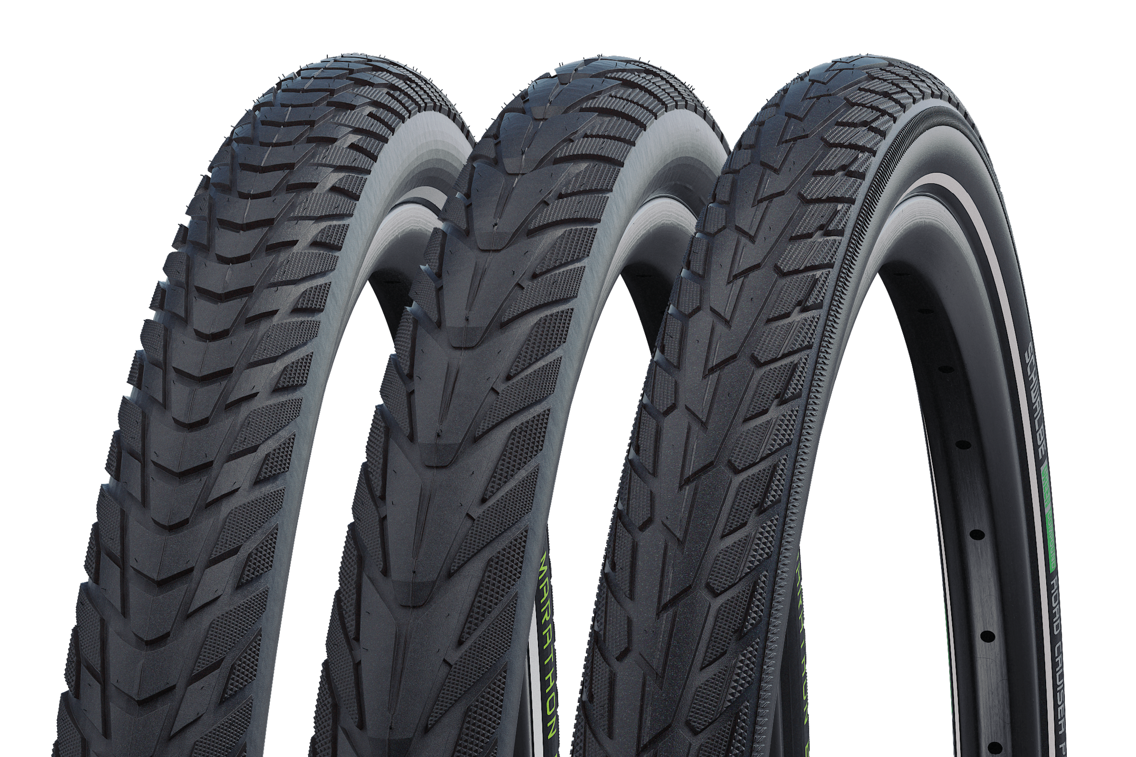 Kies voor een duurzaam Schwalbe-assortiment met Marathon E-Plus, Energizer Plus en Road Cruiser (Plus).