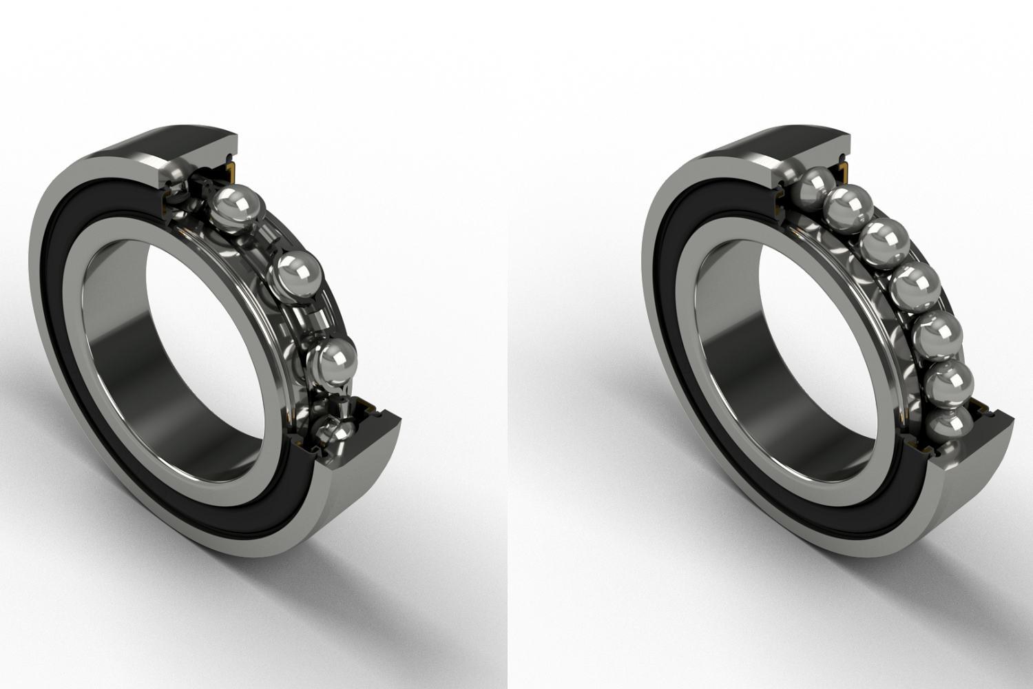 Links een standaard industrielager waarbij de kogels in een kooi zijn geplaatst. Rechts een MAX lager; geen kooi, volledig gevuld met kogels.