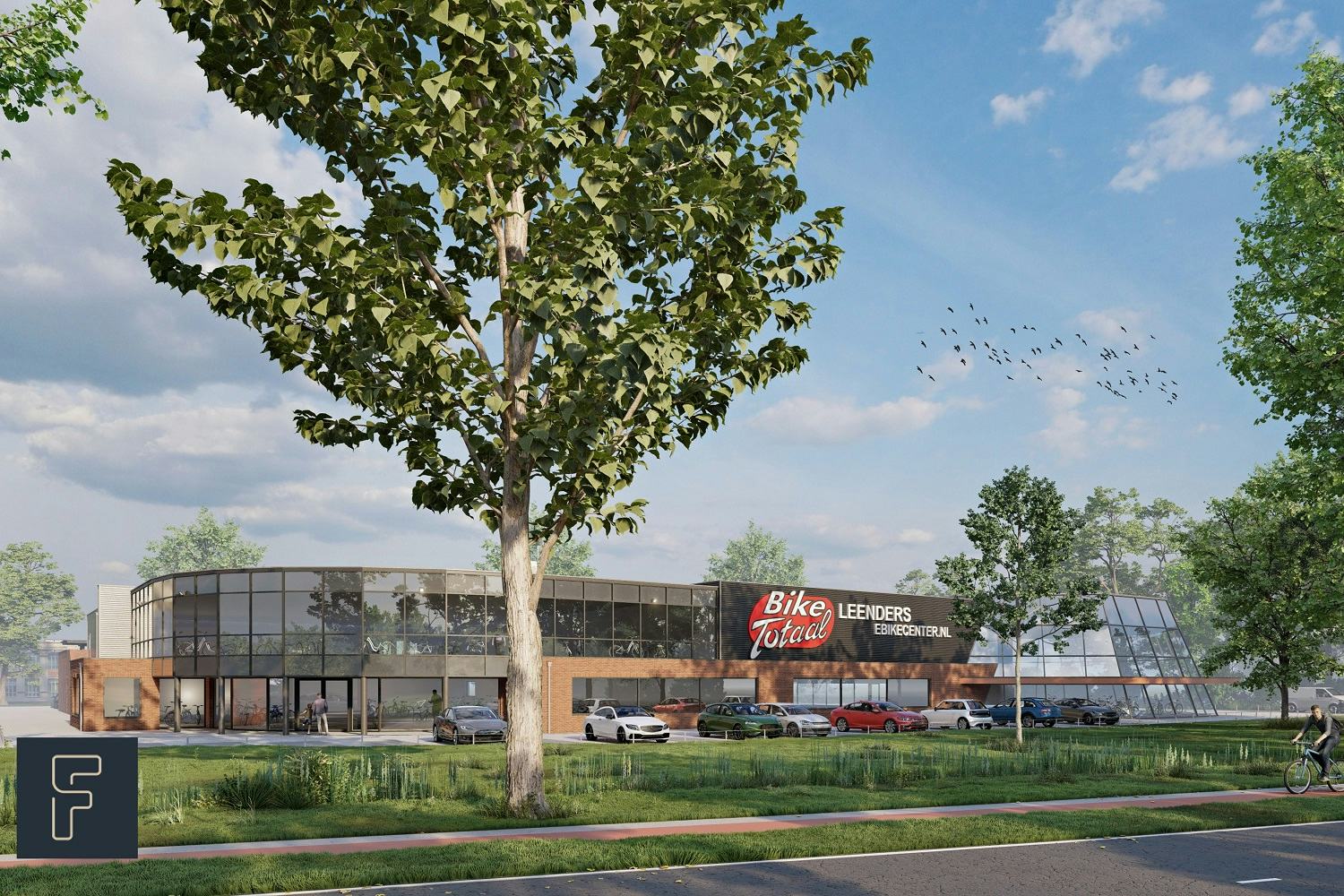 Zo komt het nieuwe pand van Leenders Bike Totaal er straks uit te zien. Rechts is de uitbreiding, het deel van het gebouw waar tot op heden Schumer Piano’s & Vleugels zat.