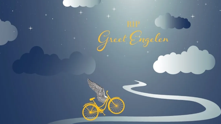 De kaart die haar overlijden aankondigt, toont de sterke band van Greet Engelen met de fiets. (foto Bike Europe)