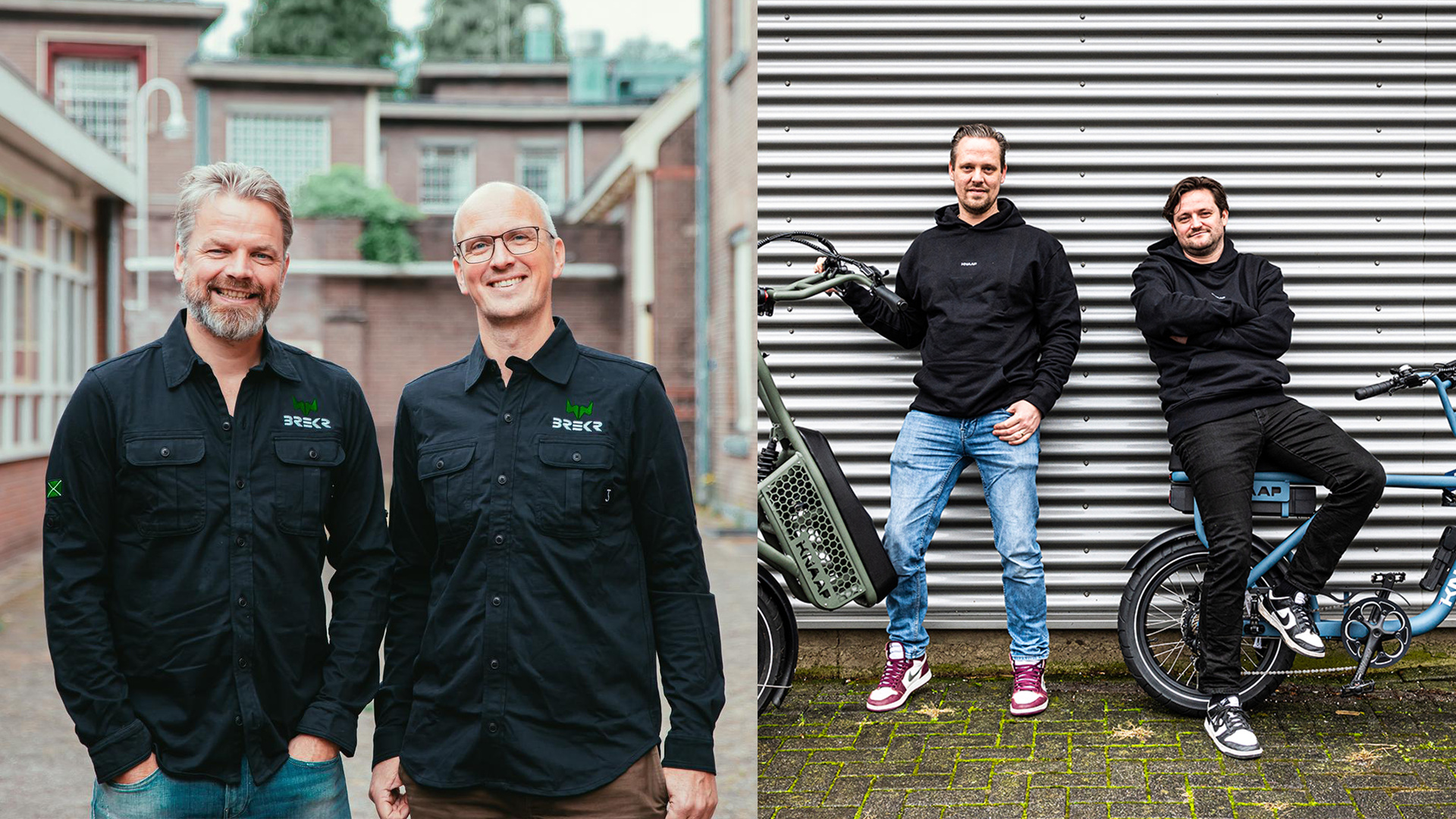 Op de linker foto Niels Willems en Jasper Hagedoorn van Brekr. Rechts Michael Fiering en Robin Cats van Knaap.(Foto Brekr en Knaap Bikes)