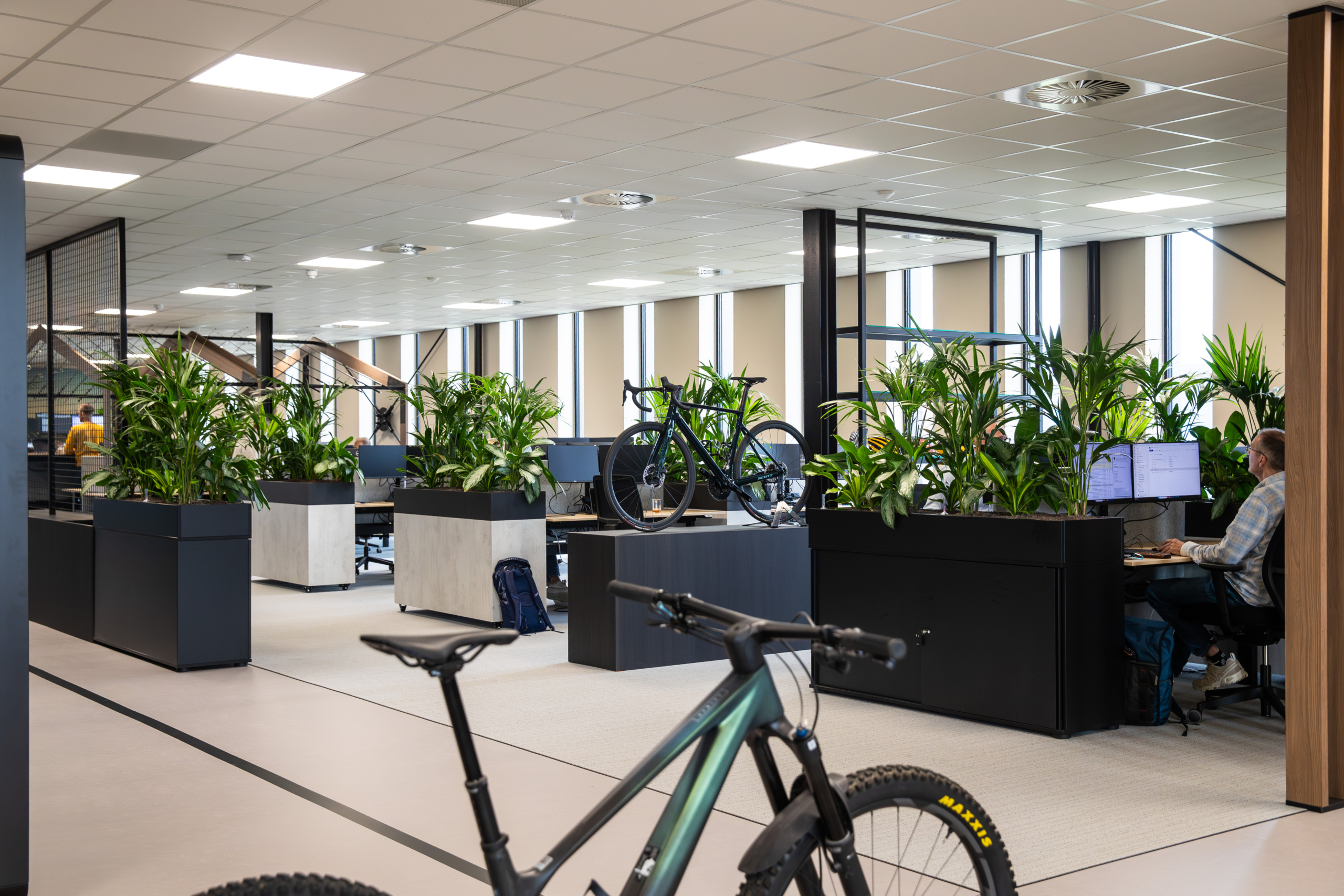 De kantoortuin op de bovenste verdieping van het nieuwe pand.